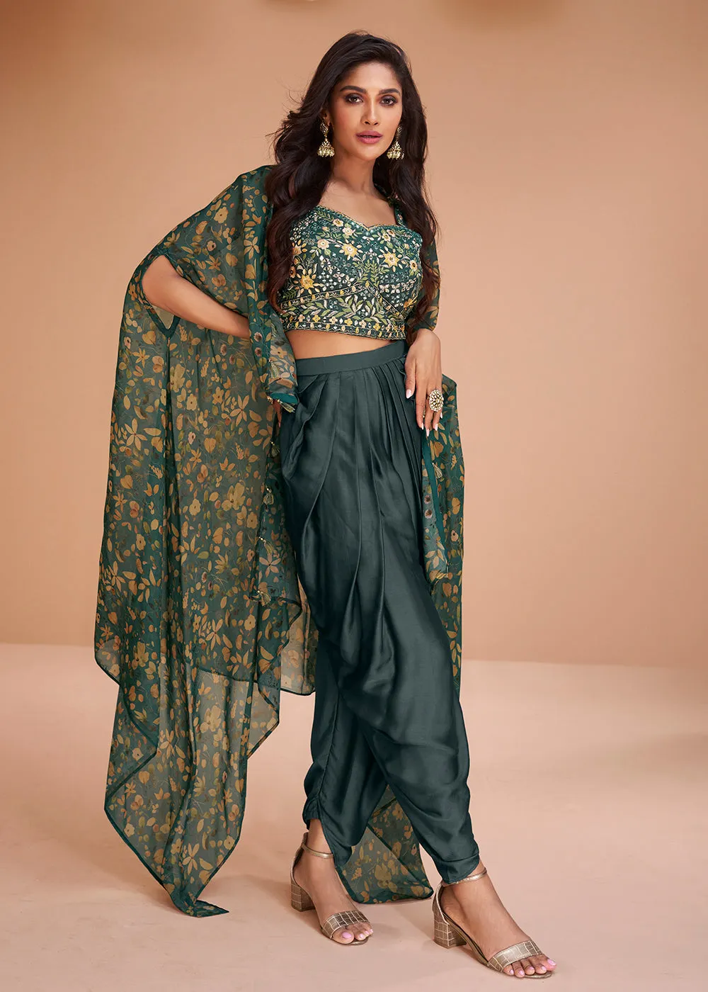 Deep Teal Satin Silk Indo Western Style Dhoti Pant Suit