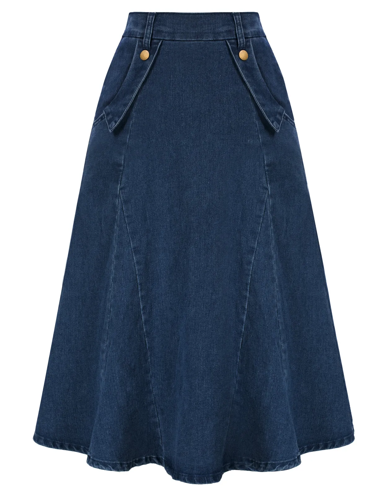 Denim Skirts Knee Length Vintage Elastic High Waist A-Line Midi Jean Skirts with Pockets