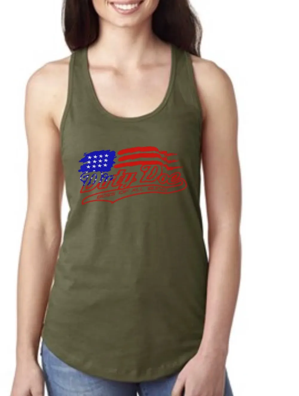 Dirty Doe "PROUD TO BE AN AMERICAN" Racer Back Tank Top (assorted colors)