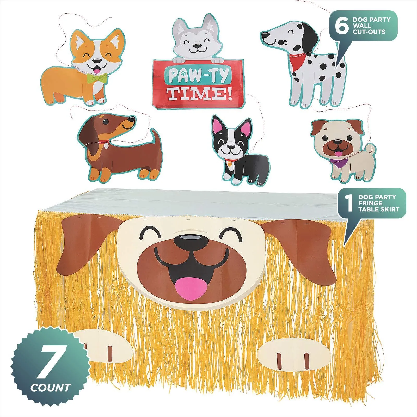 Dog Party Decorations - Large Cutouts and Fringe Table Skirt Set