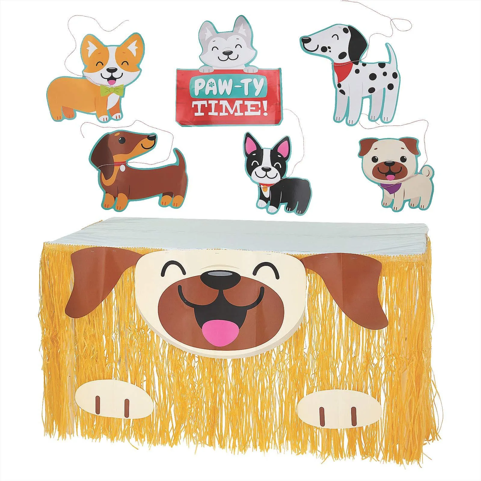 Dog Party Decorations - Large Cutouts and Fringe Table Skirt Set