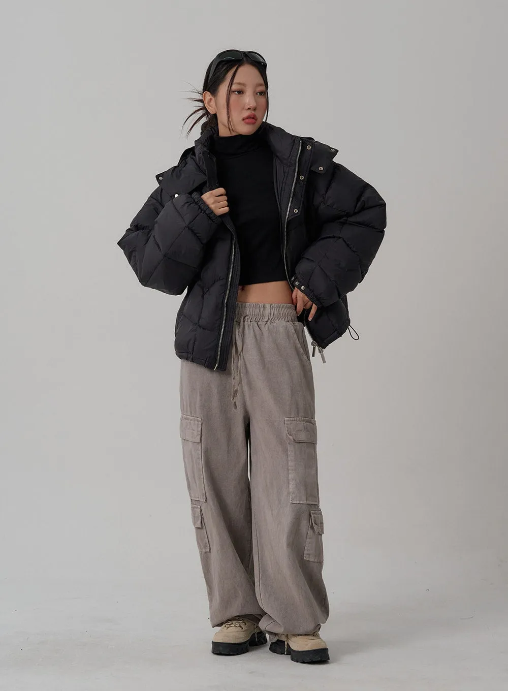 Elastic Waist Vintage Cargo Wide Pants CN03