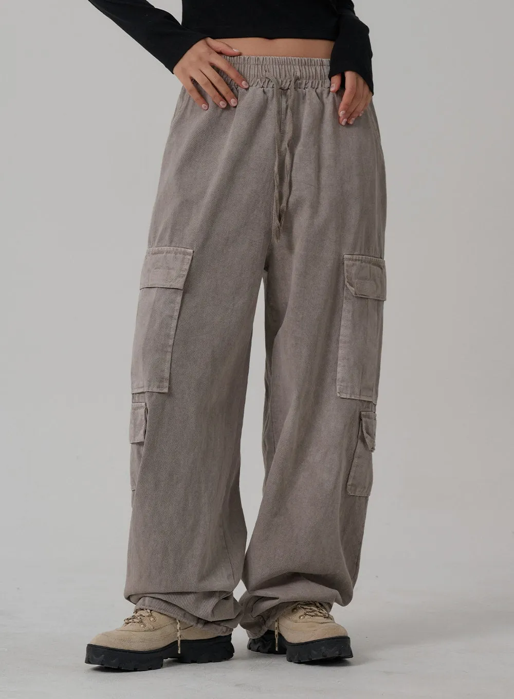 Elastic Waist Vintage Cargo Wide Pants CN03