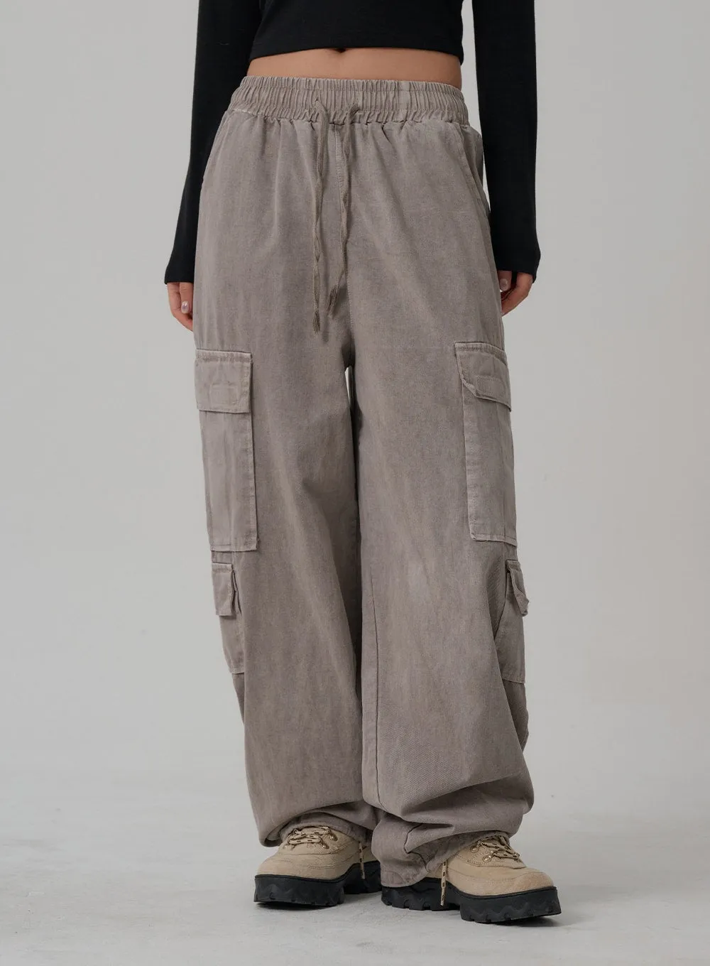 Elastic Waist Vintage Cargo Wide Pants CN03