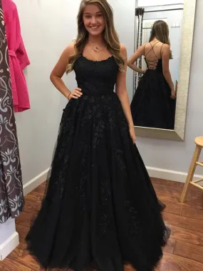 Elegant Backless Black Lace Tulle Long Prom, Backless Lace Black Formal, Black Lace Evening