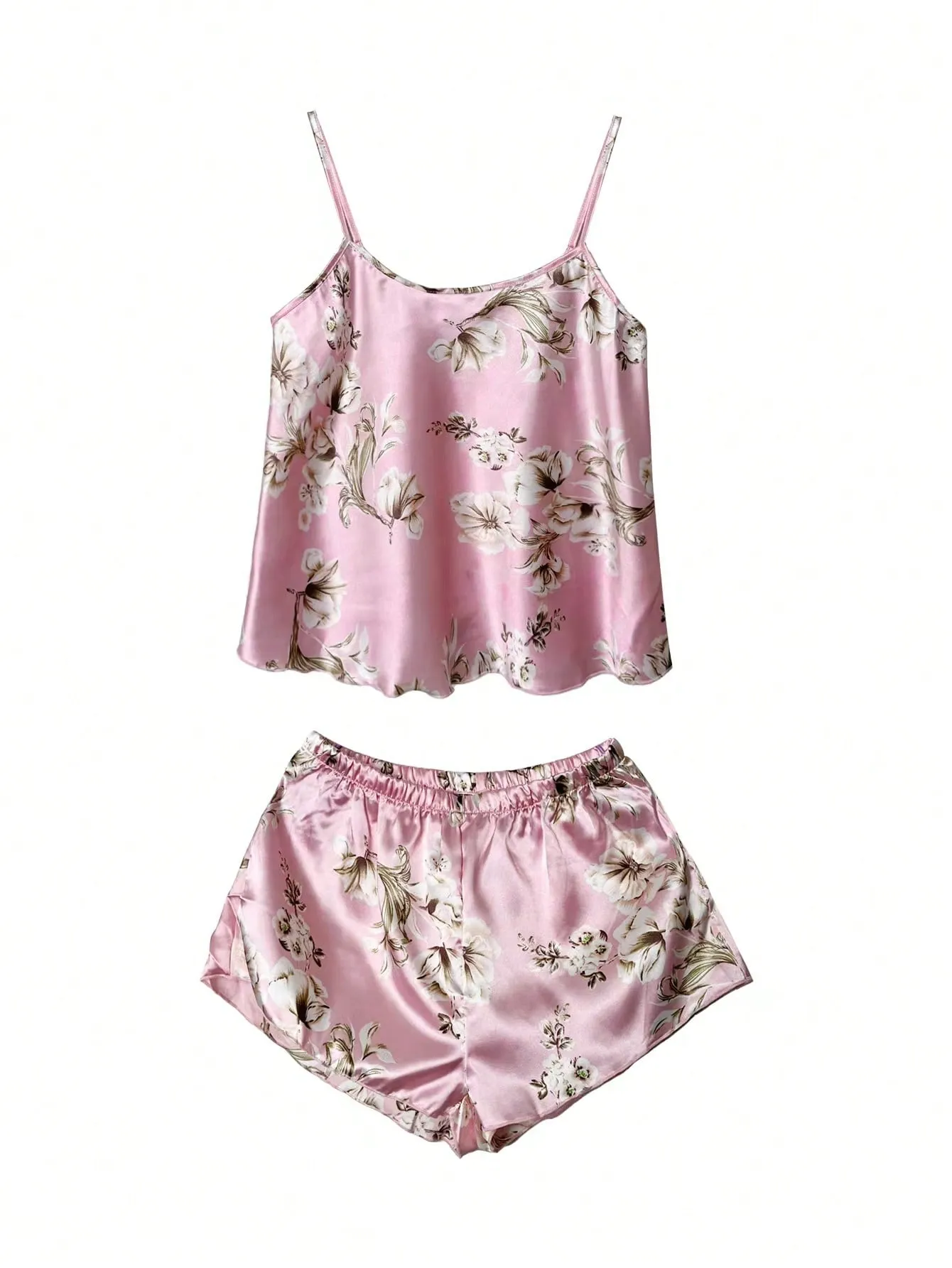 Elegant Flower Print Women's Cami Top And Shorts Pajama Set