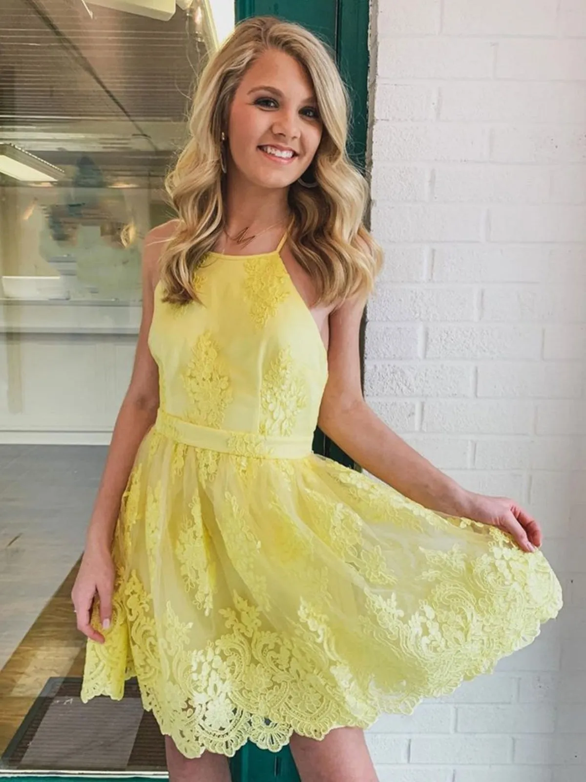 Elegant Open Back Yellow Lace Short Prom, Yellow Lace Homecoming, Yellow Formal Evening