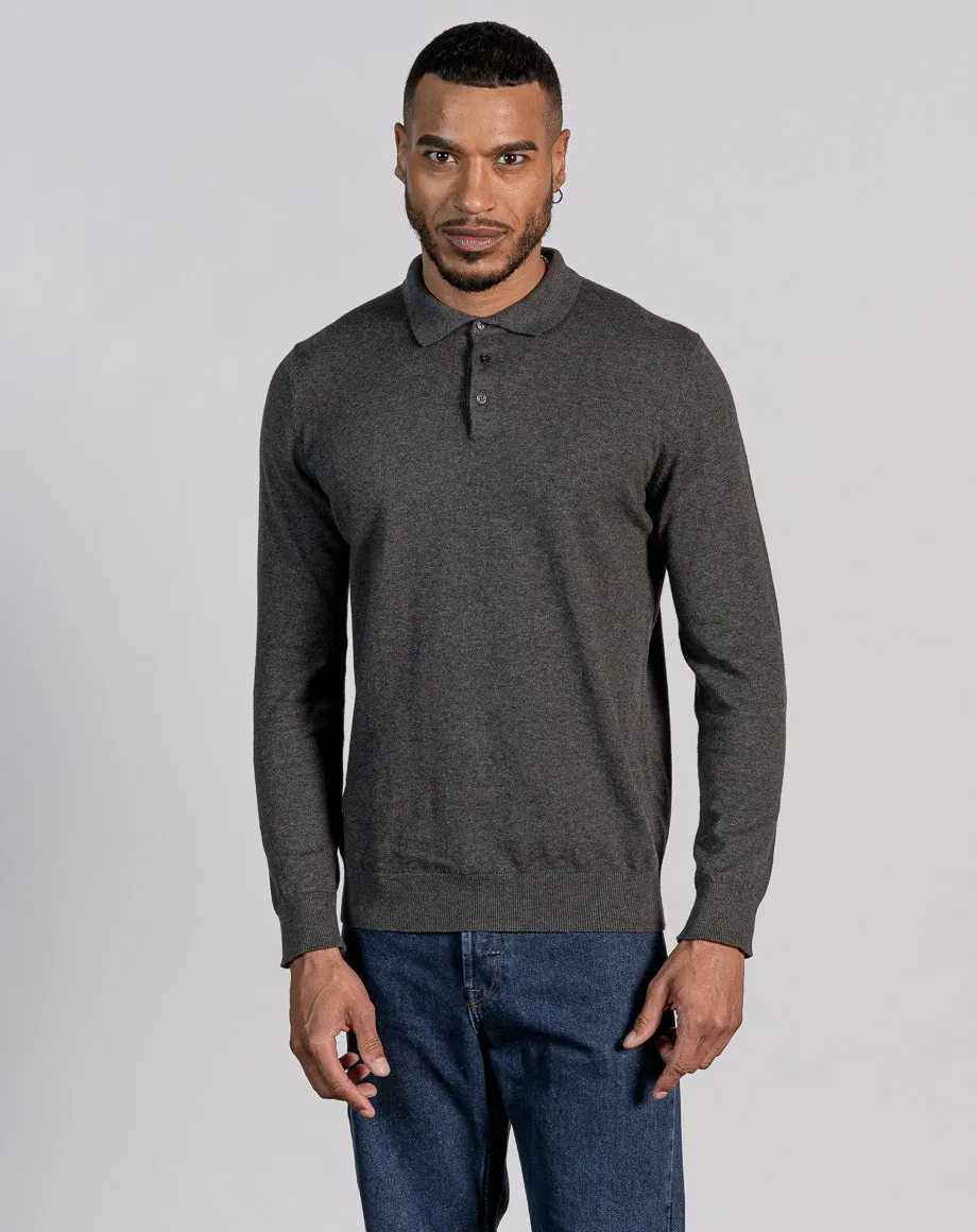 ESSENTIAL LONG SLEEVE BUTTON KNITTED POLO - CHARCOAL MARL