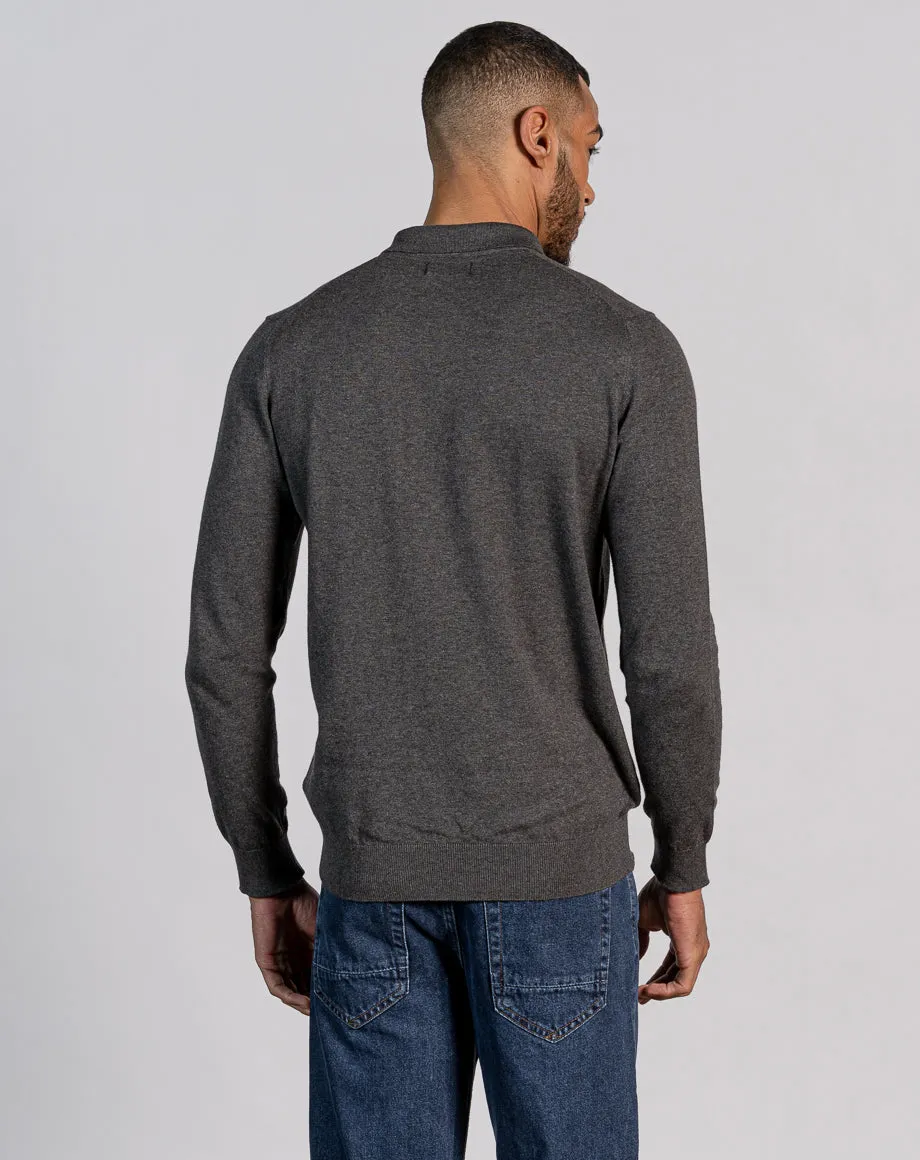 ESSENTIAL LONG SLEEVE BUTTON KNITTED POLO - CHARCOAL MARL