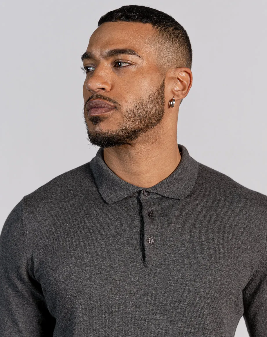 ESSENTIAL LONG SLEEVE BUTTON KNITTED POLO - CHARCOAL MARL