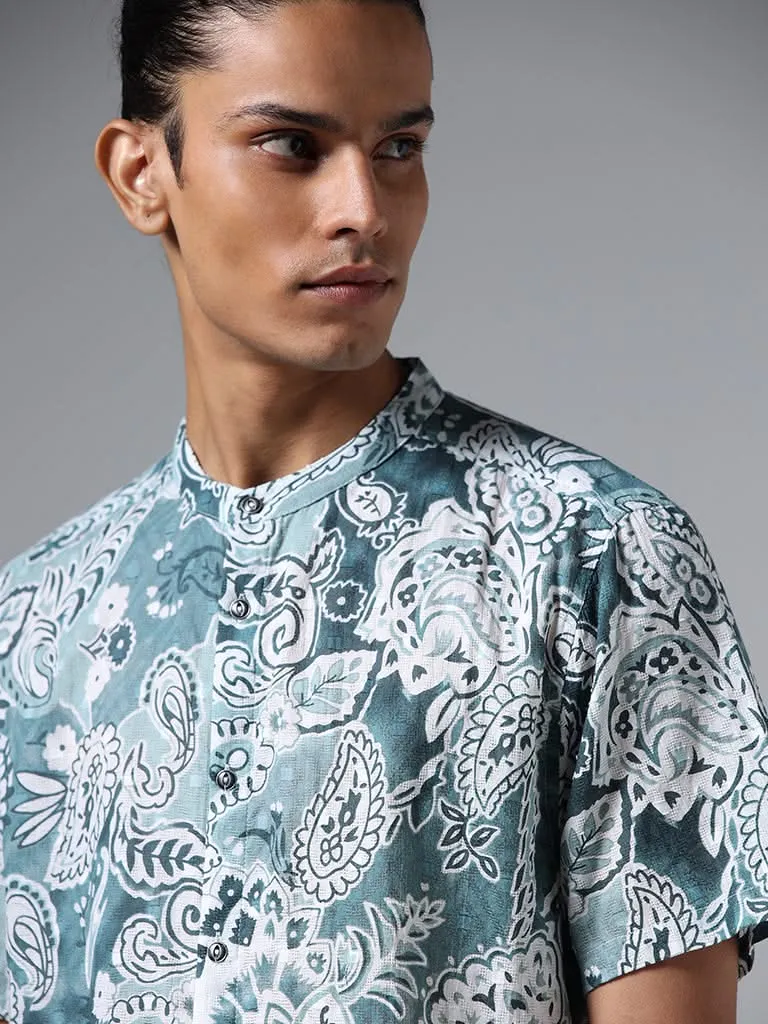 ETA Teal Blue Paisley Floral Printed Cotton Relaxed-Fit Shirt