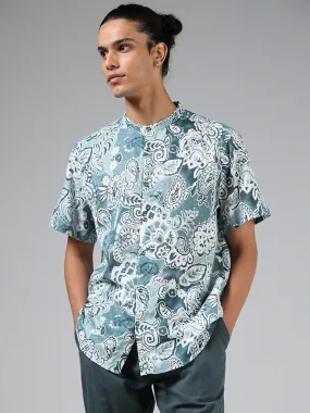 ETA Teal Blue Paisley Floral Printed Cotton Relaxed-Fit Shirt