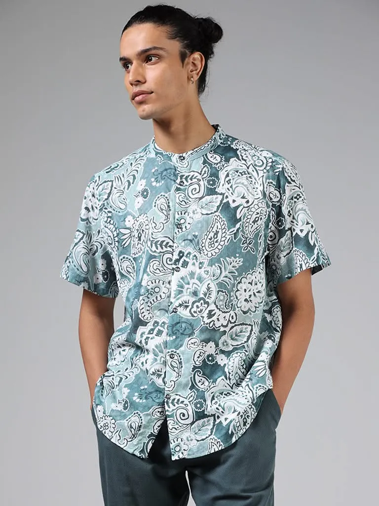 ETA Teal Blue Paisley Floral Printed Cotton Relaxed-Fit Shirt