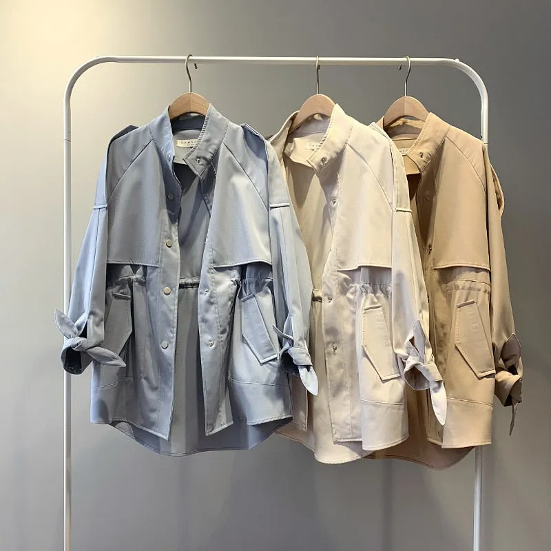 Fashion Trench Coat Female Spring Windbreaker Drawstring Summer Casual Loose Safari Clothes Stand Collar 2020 Women Short Trench