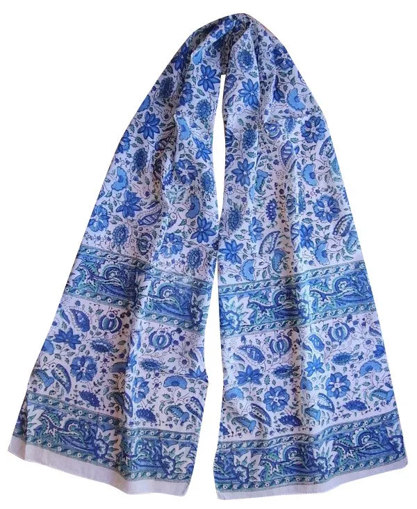 Floral Block Print Neck Scarf Light Cotton 72 x 15 Blue & Green