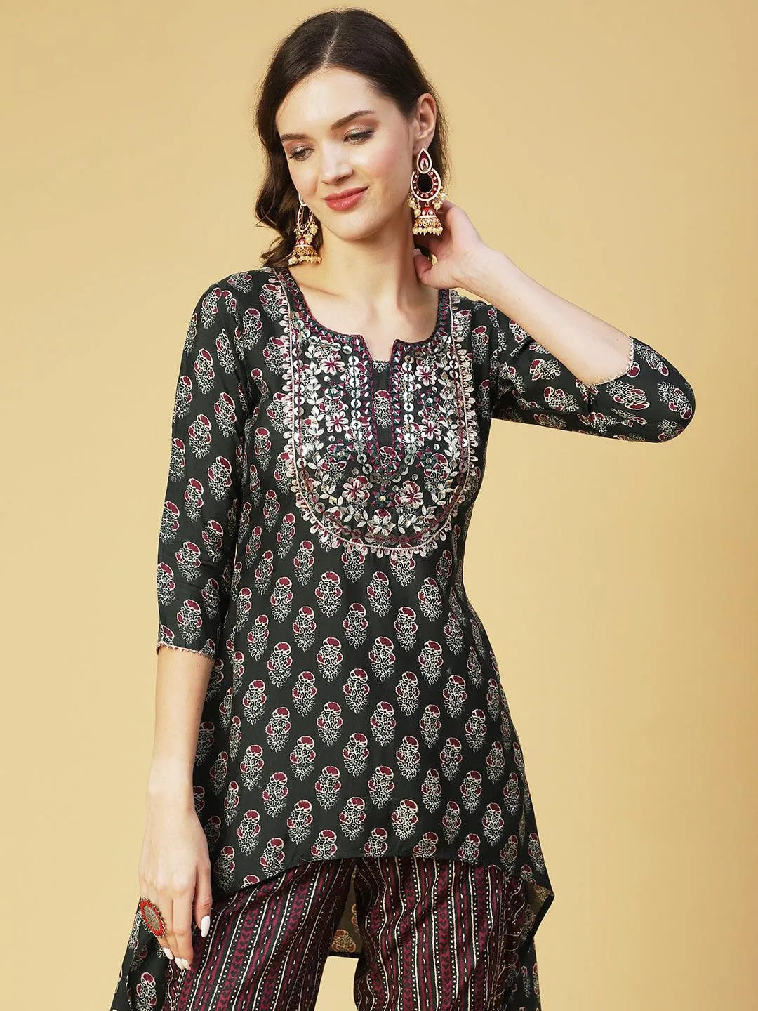 Floral Printed & Embroidered High Low Kurta with Dhoti Pant - Green