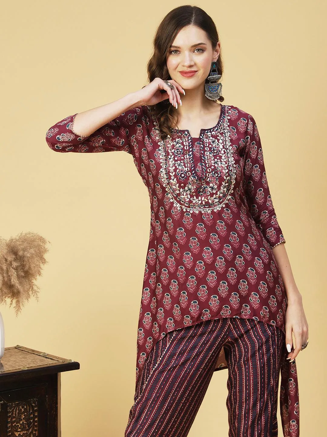 Floral Printed & Embroidered High Low Kurta with Dhoti Pant - Purple