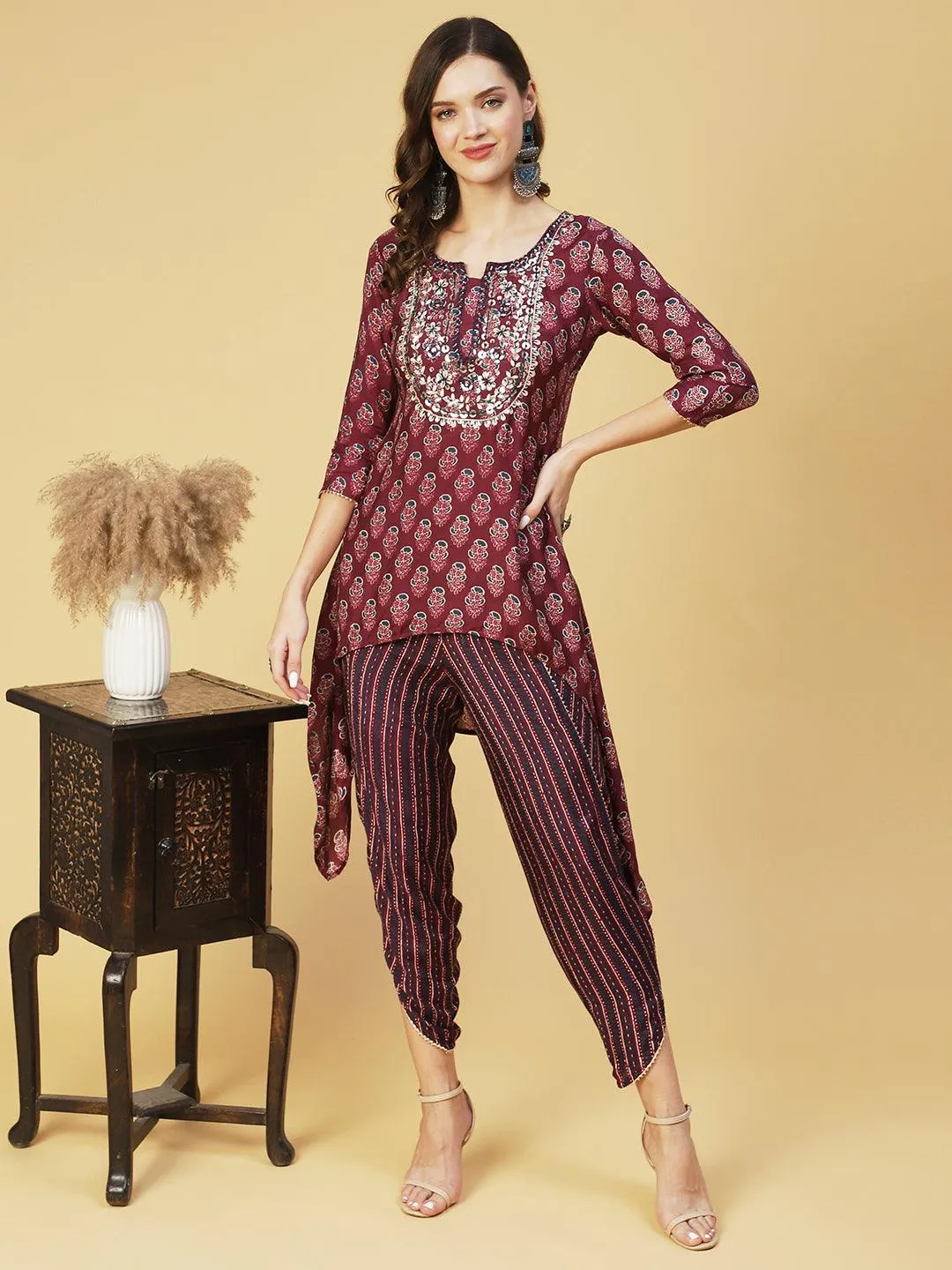 Floral Printed & Embroidered High Low Kurta with Dhoti Pant - Purple