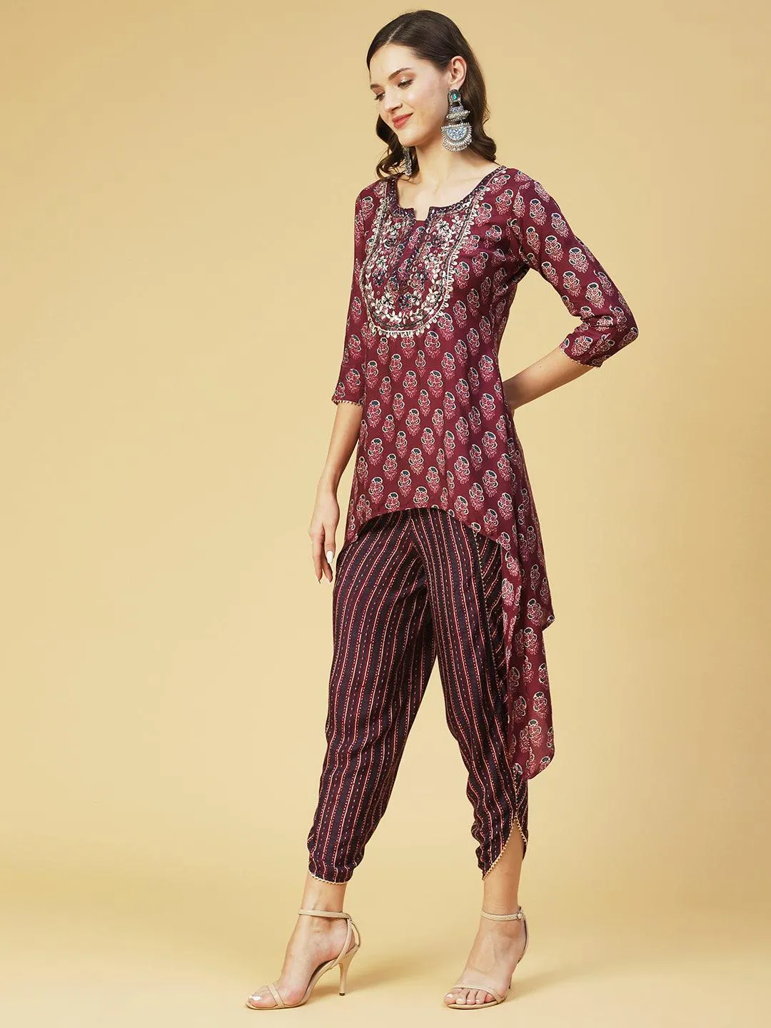 Floral Printed & Embroidered High Low Kurta with Dhoti Pant - Purple