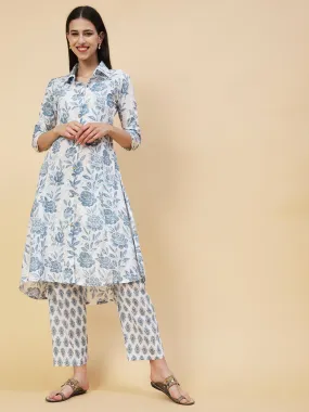 Floral Printed Wooden Buttoned High-low Hem Kurta With Block Printed Pants - White & Blue