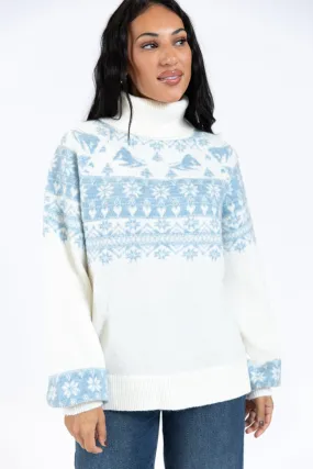 For The Best Ivory and Blue Ski Print Fair Isle Turtleneck Sweater SALE