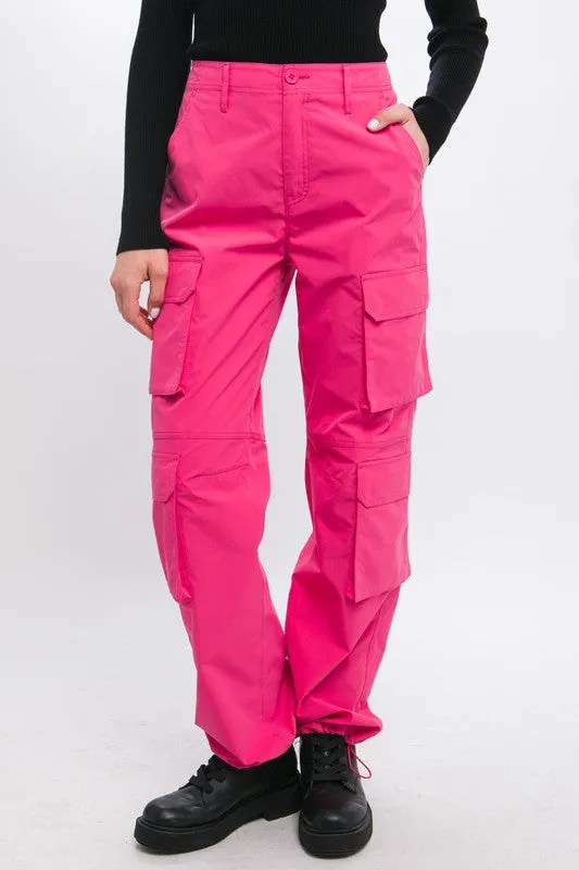 Fuchsia Cargo Pants With Button Closure & Multiple Pockets