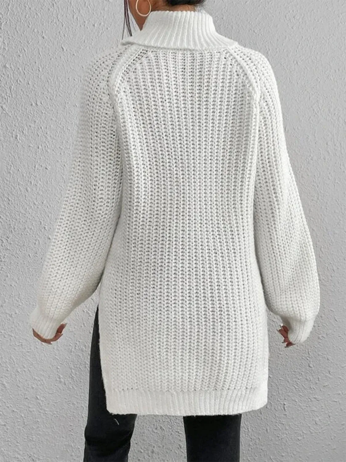 Full Size Turtleneck Rib-Knit Slit Sweater