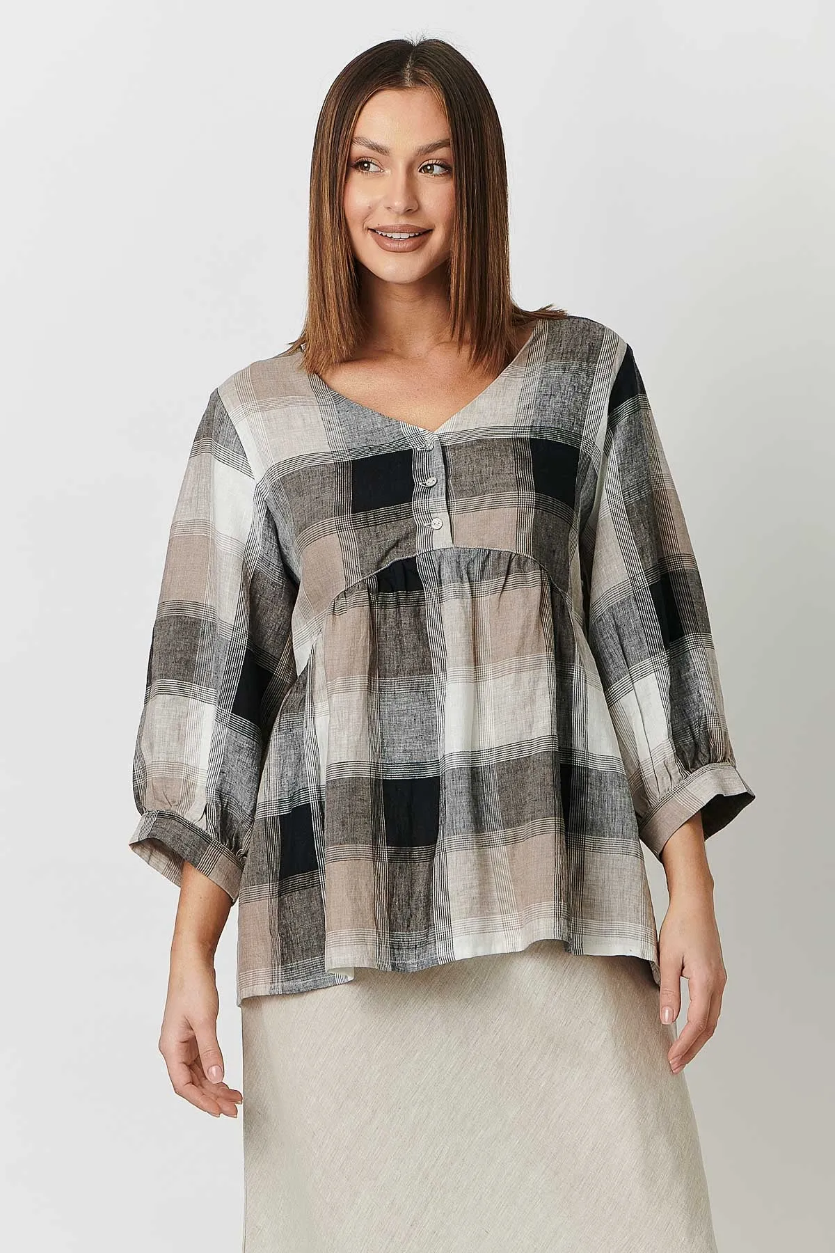 GA414 V Neck Swing Tunic in Lentil Plaid