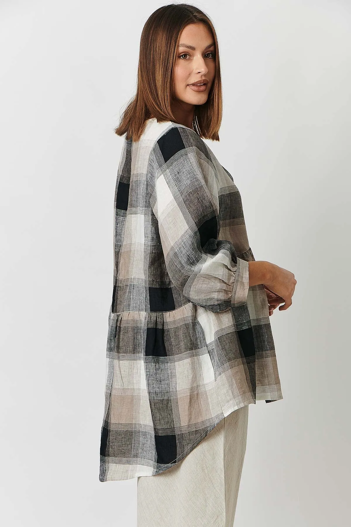 GA414 V Neck Swing Tunic in Lentil Plaid