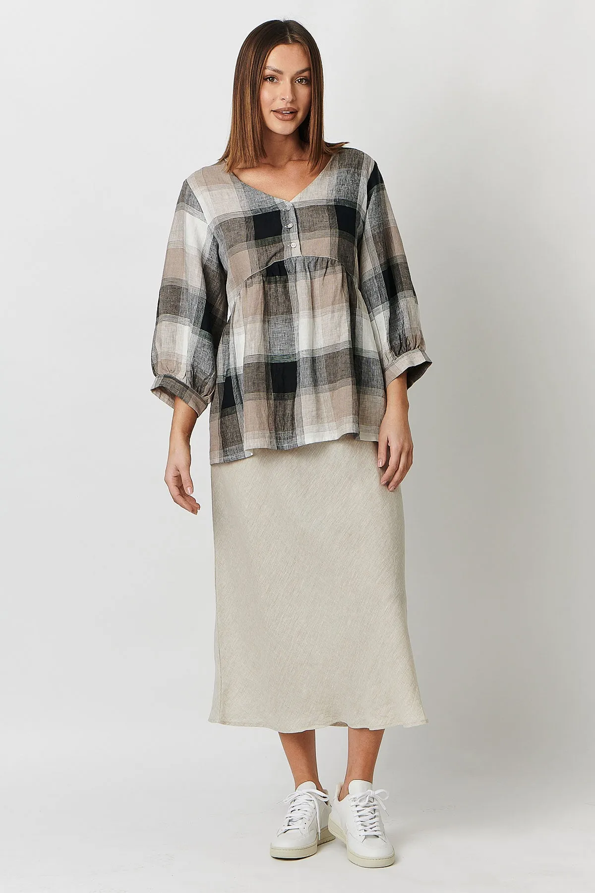 GA414 V Neck Swing Tunic in Lentil Plaid