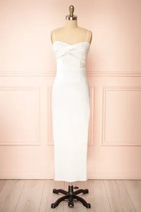 Galilea | White Satin Midi Dress w/ Twist Front