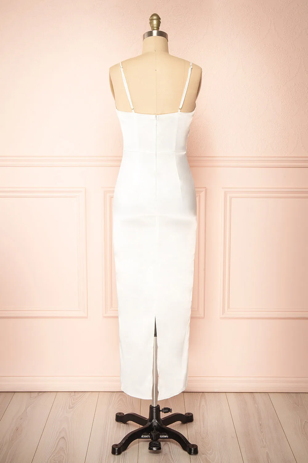 Galilea | White Satin Midi Dress w/ Twist Front