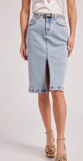 GEN Luanne Denim Knee Pencil Skirt with Belt