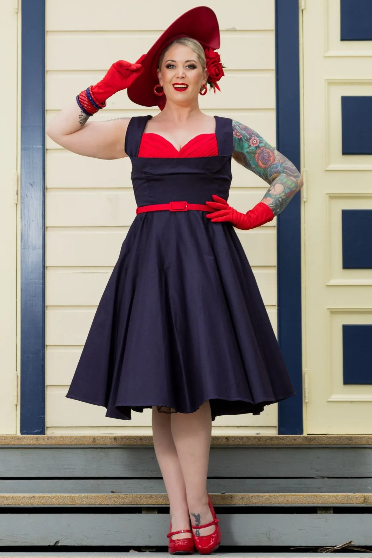 Grace Vintage Style Jive Dress in Dark Blue-Red