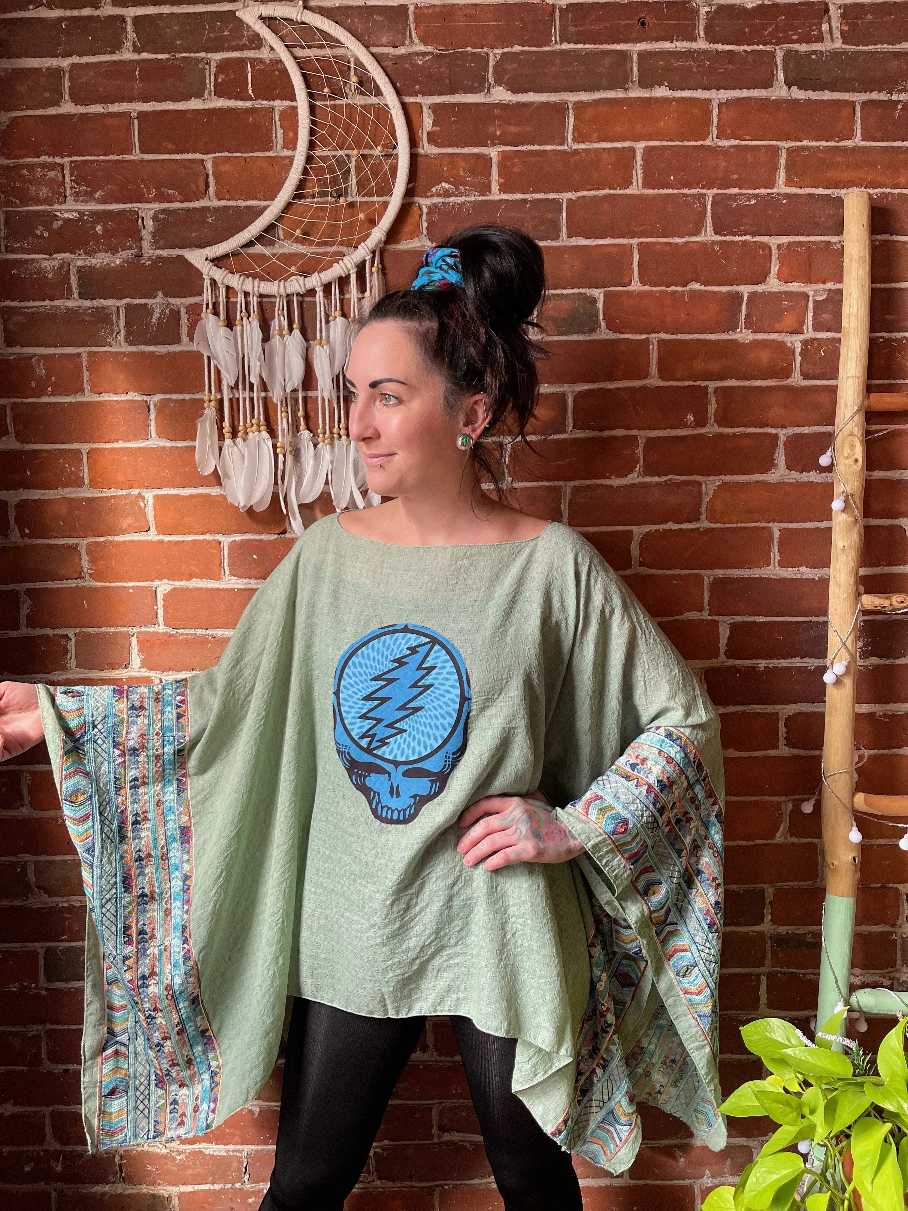 Grateful Dead Inspired Sage/Blue Embroidered Poncho