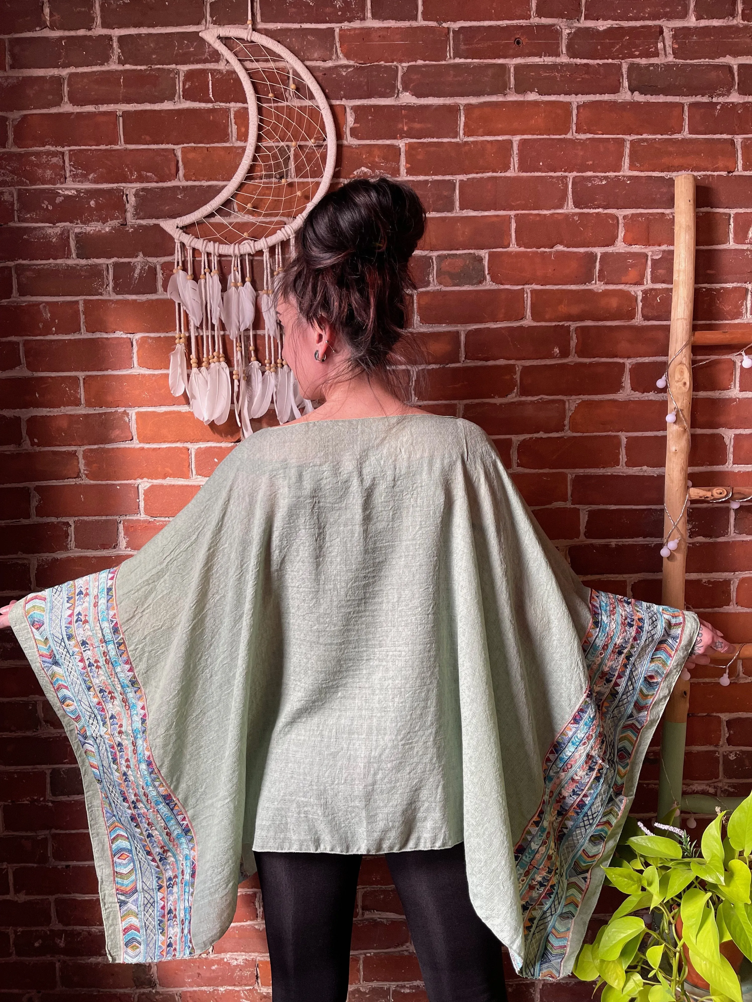 Grateful Dead Inspired Sage/Blue Embroidered Poncho