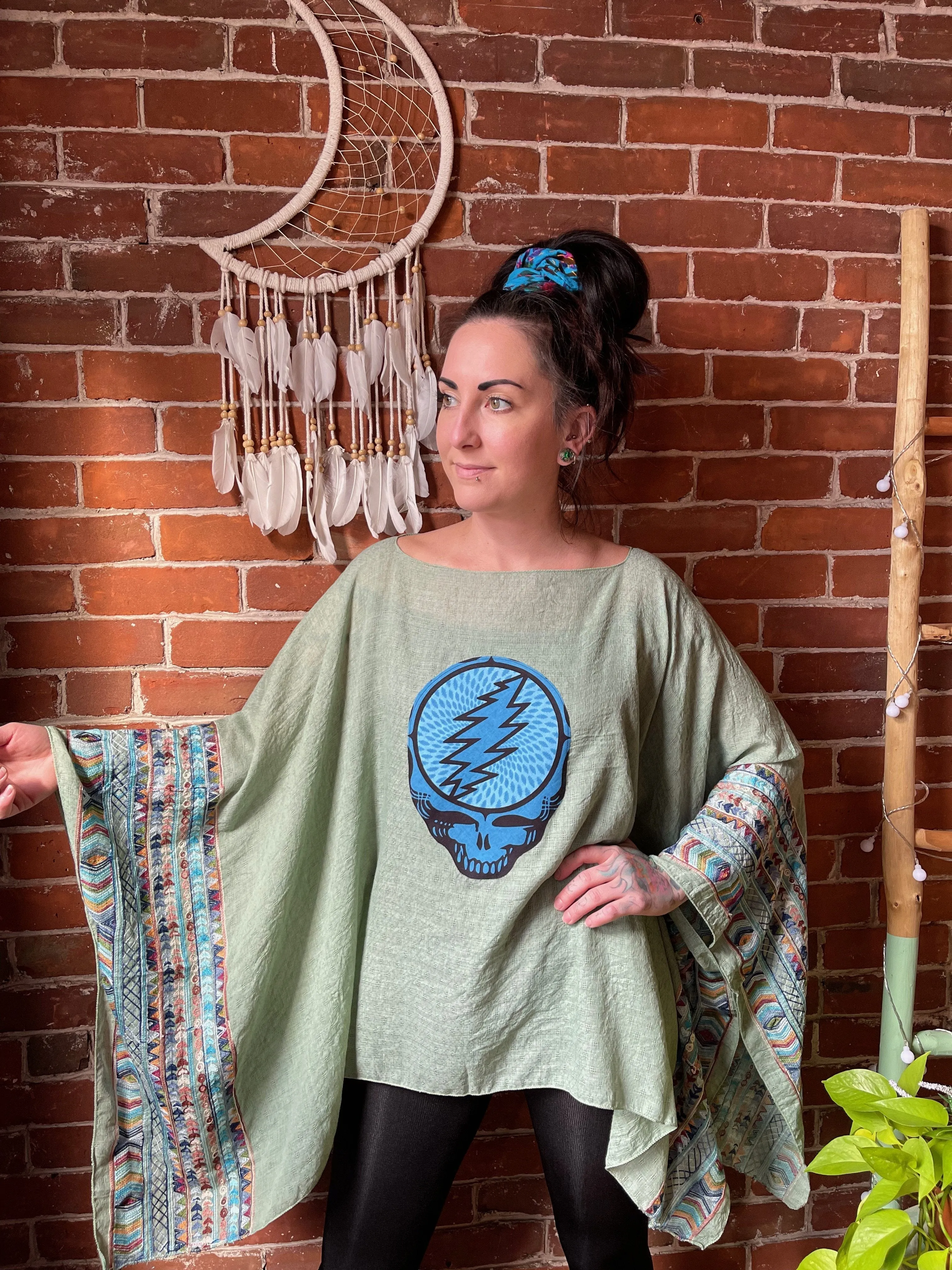 Grateful Dead Inspired Sage/Blue Embroidered Poncho