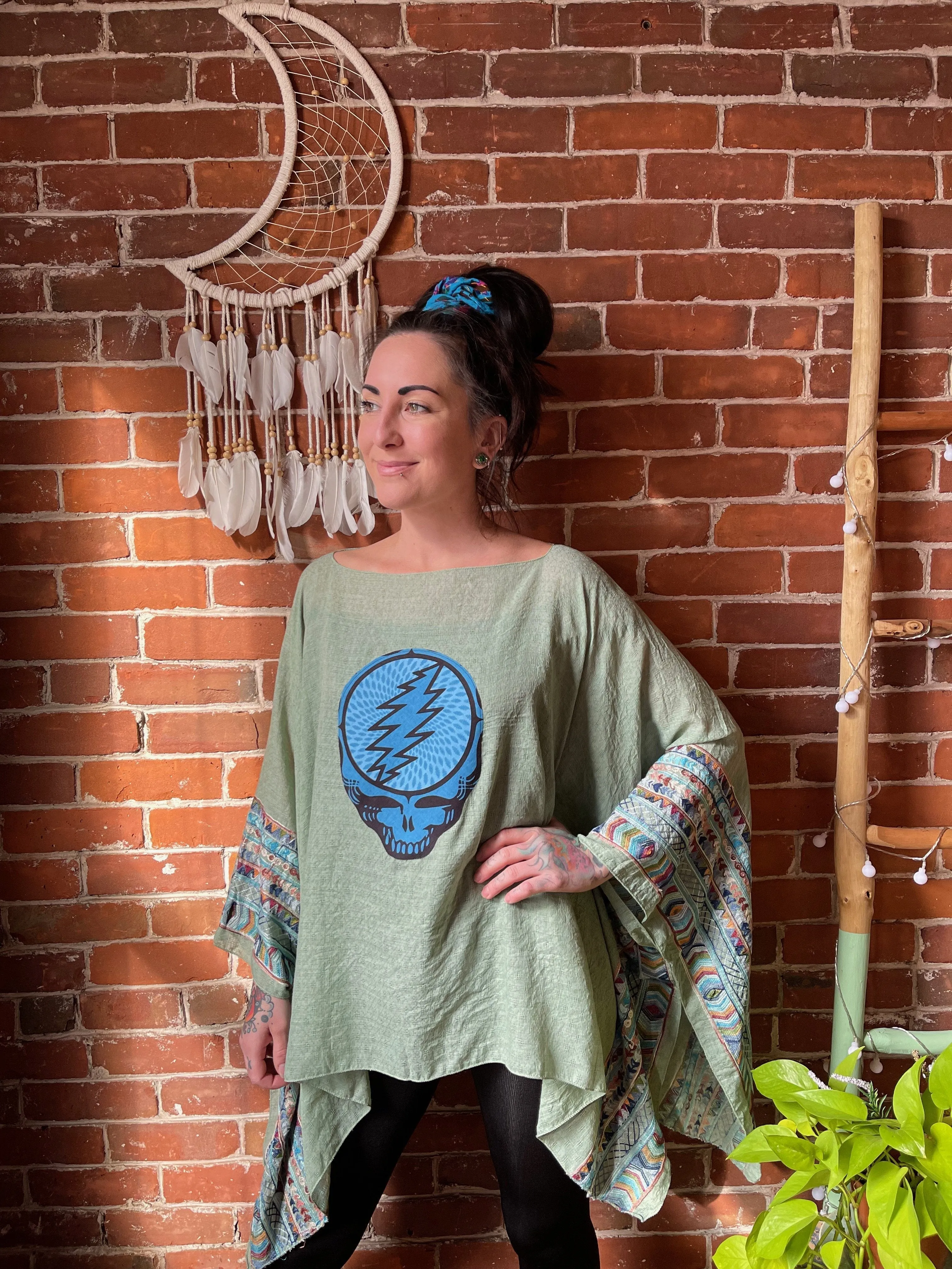 Grateful Dead Inspired Sage/Blue Embroidered Poncho