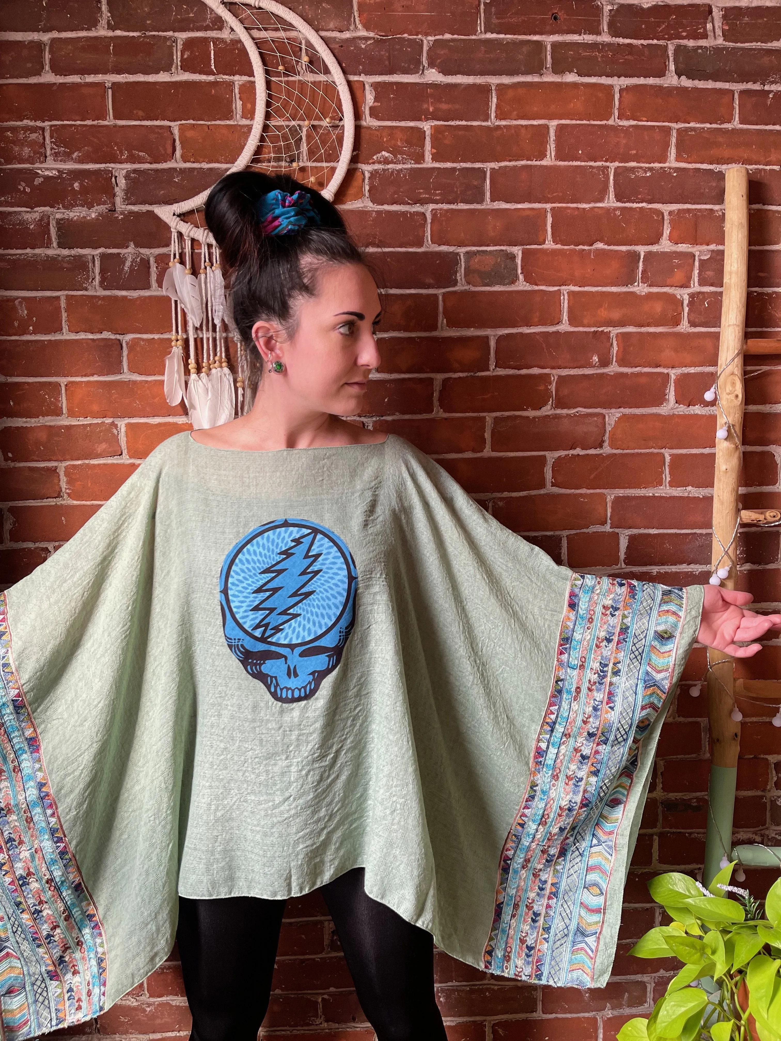 Grateful Dead Inspired Sage/Blue Embroidered Poncho