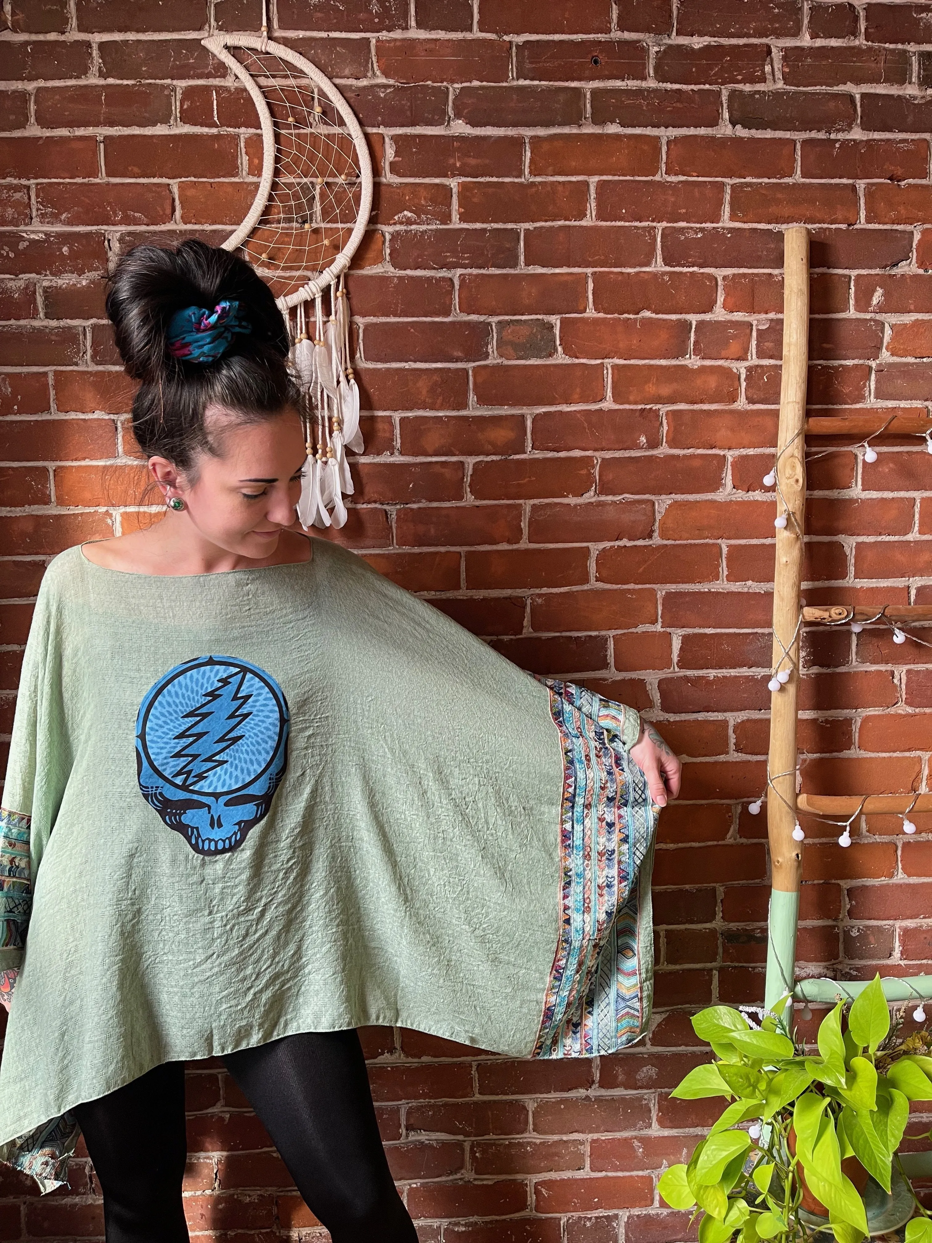 Grateful Dead Inspired Sage/Blue Embroidered Poncho