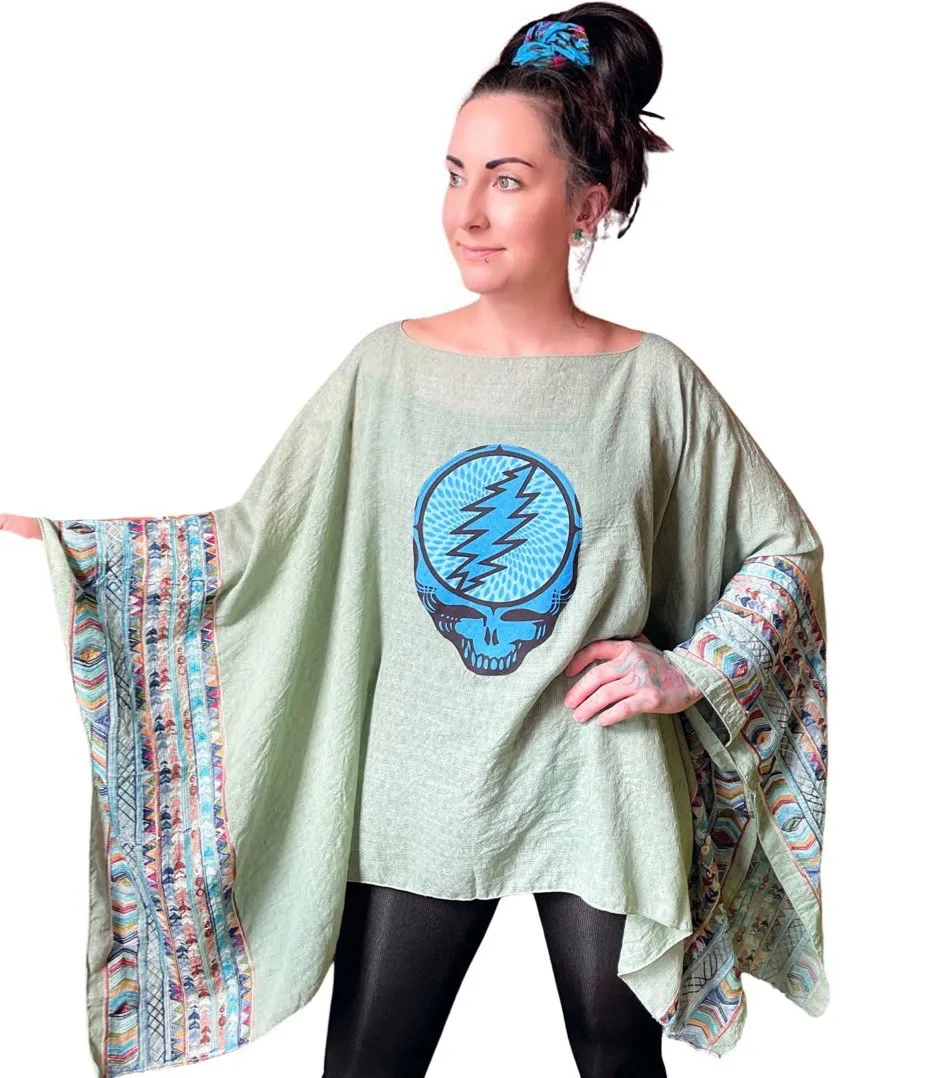 Grateful Dead Inspired Sage/Blue Embroidered Poncho