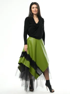 Green Vegan Leather Skirt with Black Tulle