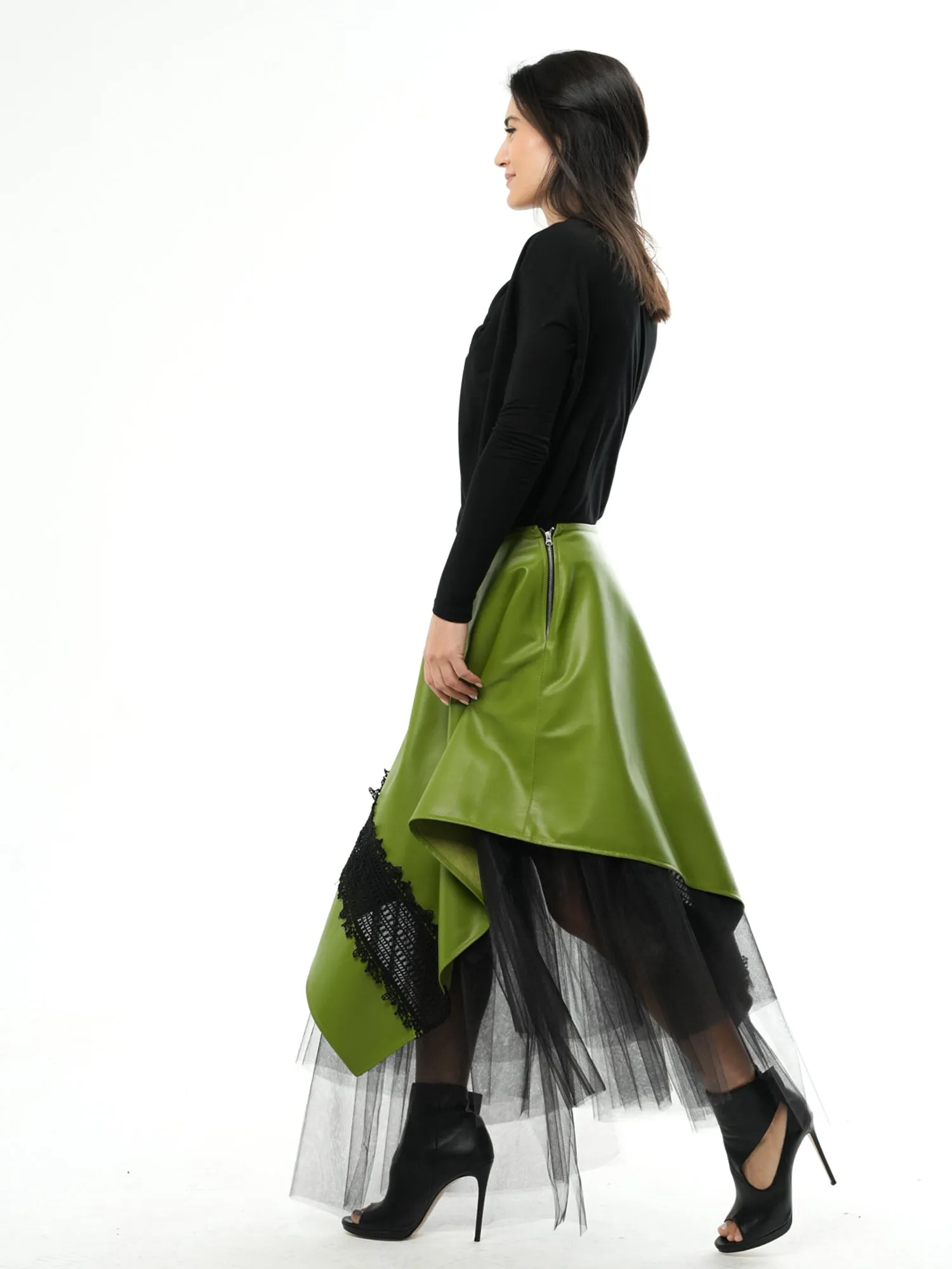 Green Vegan Leather Skirt with Black Tulle