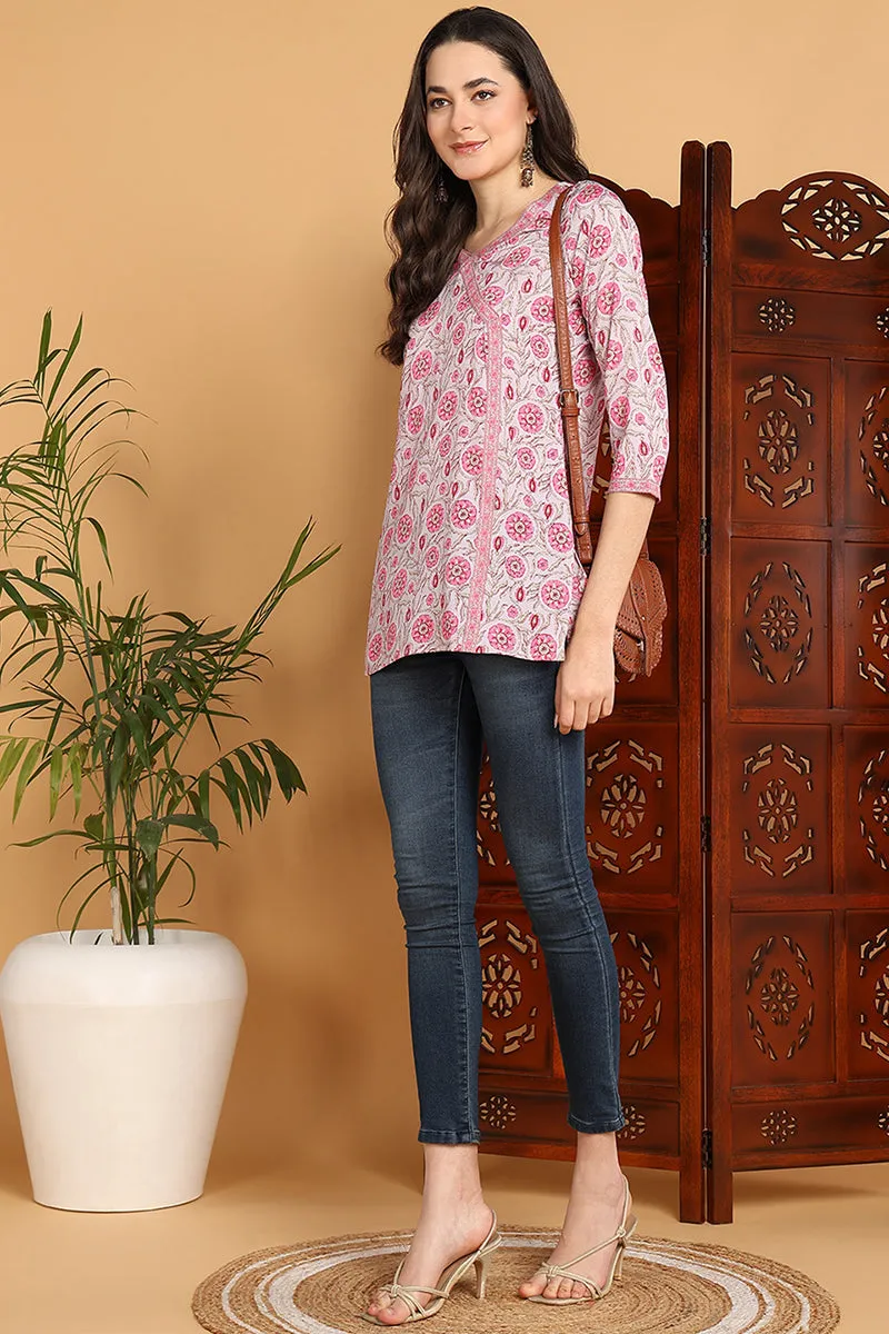 Grey And Pink Cotton Blend Floral Printed Angrakha Style Top