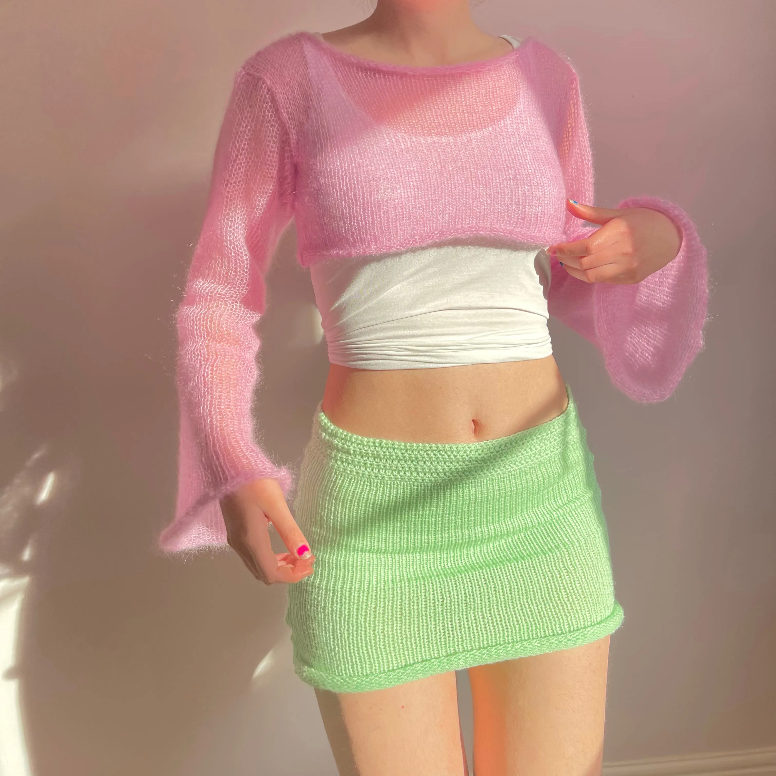 Handmade knitted mini skirt in mint green