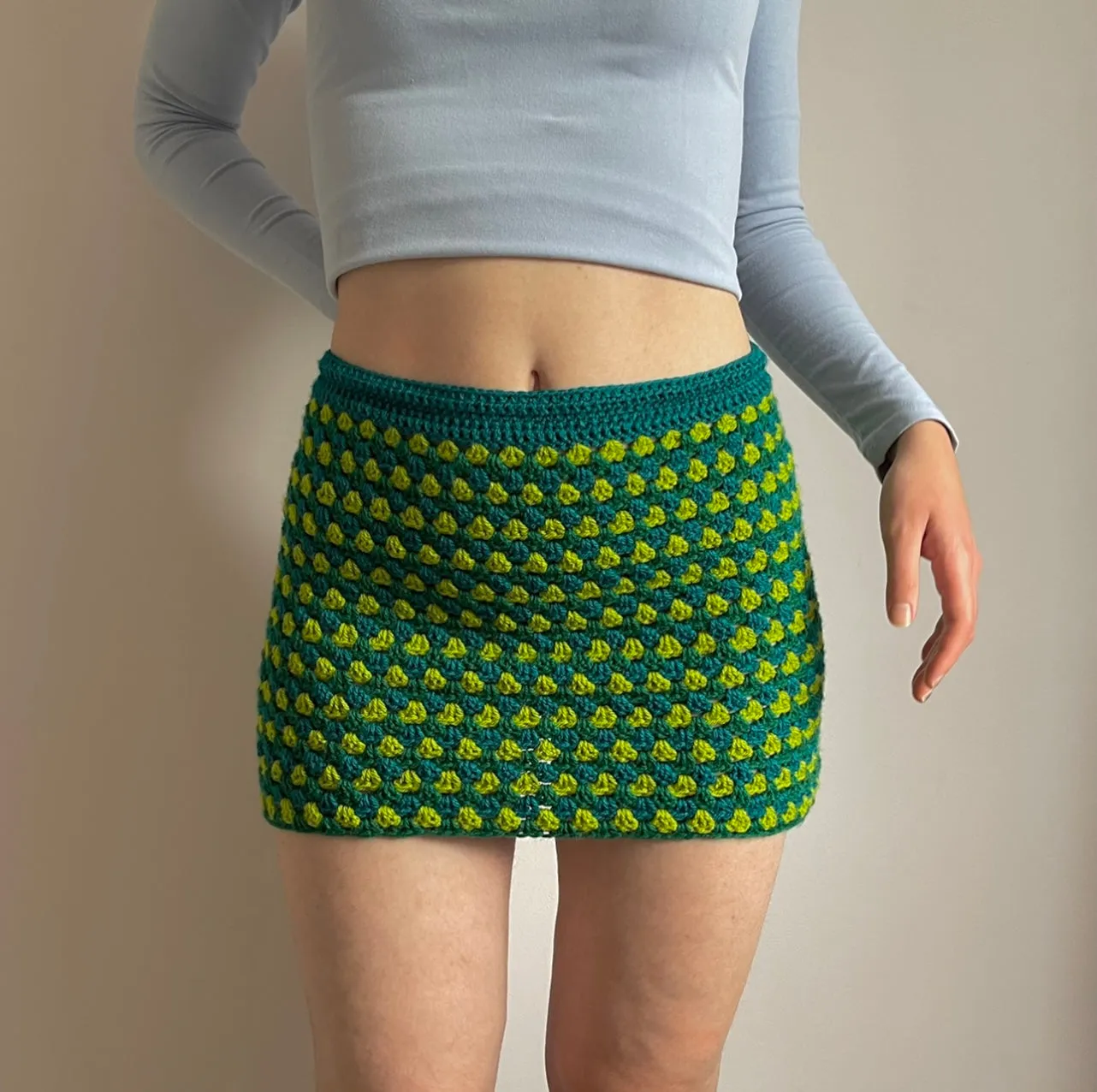 Handmade retro crochet mini skirt in teal and green