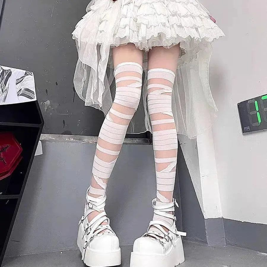 Harajuku Punk Fashion halloween thigh high socks with Bandage