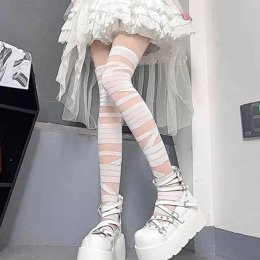 Harajuku Punk Fashion halloween thigh high socks with Bandage