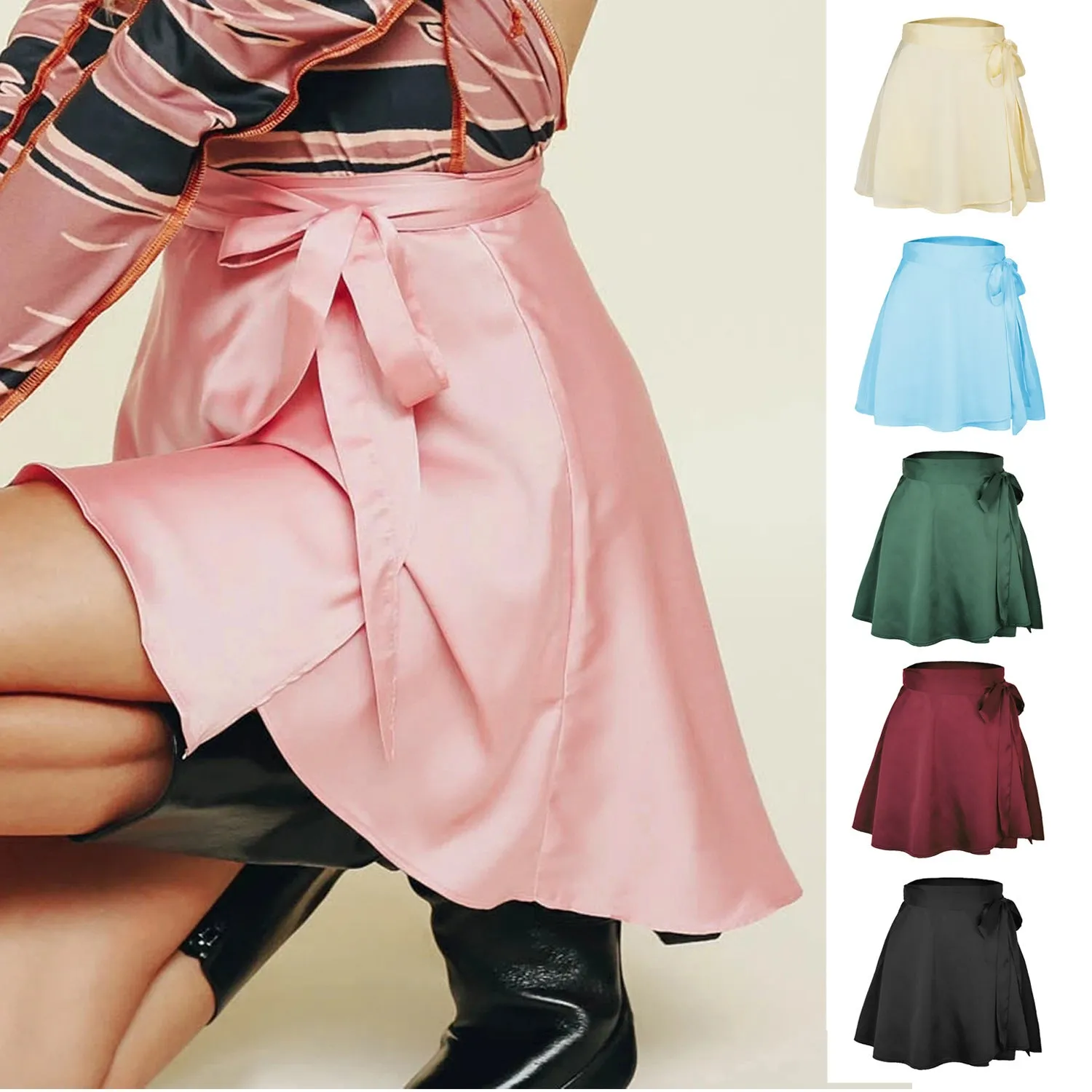 Hit Pure Color High Waist Fashion Tie Short Skirt