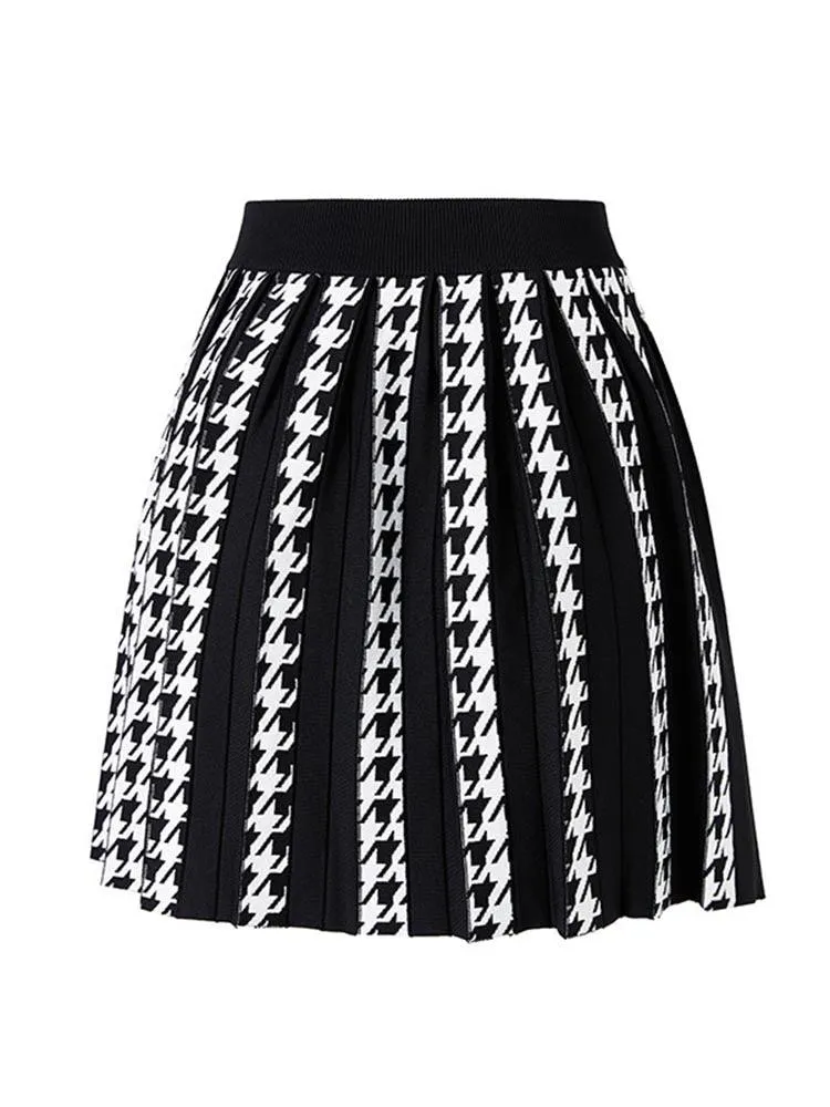 Houndstooth Pleated Knit Skirt